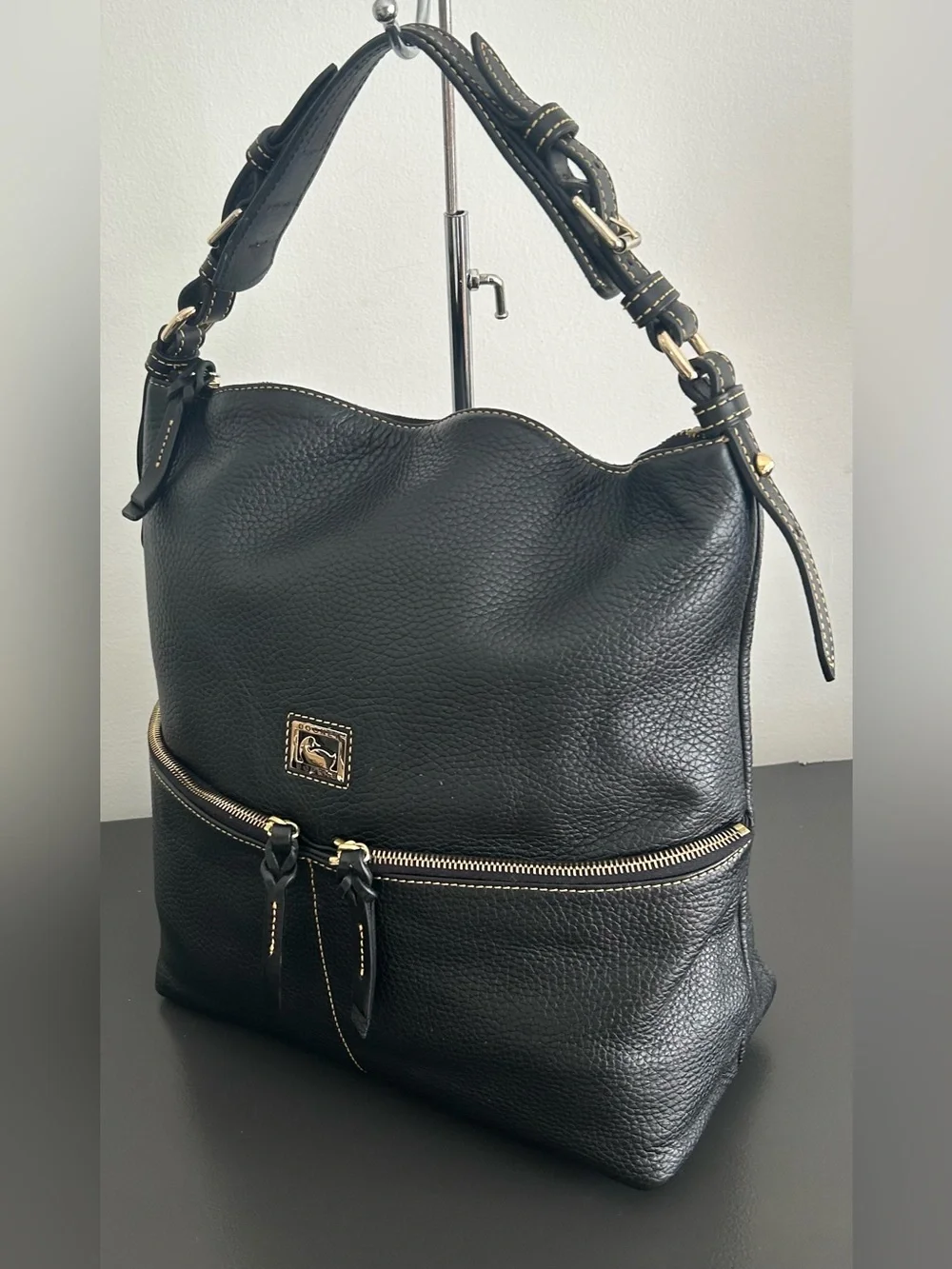 Dooney & Bourke Black Pebbled Leather Hobo Shoulder Bag Front Zip Pocket